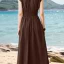 Sleeveless V Neck Midi Dress for Women Casual Summer Solid Smocked Waist A Line Flowy Dresses with Pockets (Brown, L)