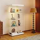 Tempered Glass Display Cabinet with Lights, 4-Tier Curio Cabinet with Glass Doors Wheels Two Locks, Glass Display Case for Collectibles for Living Room, Bedroom, Office, White, Double Door