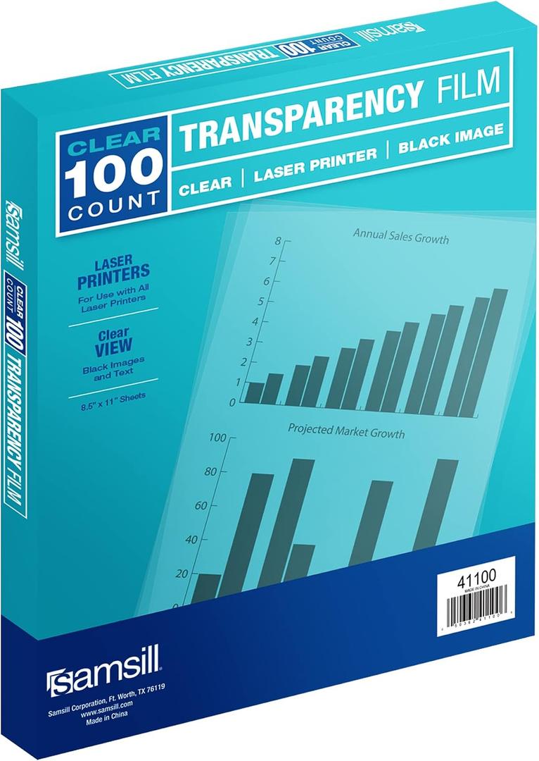 Samsill 100 Pack Transparent Printer Sheets, Projector Film, Clear Transparency Film for Laser Jet Printers, 8.5 x 11 Inch Sheets - Black Image Only,