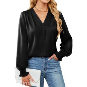 BMJL Women's Blouses Dressy Casual Satin Silk Long Sleeve Shirts Business Casual Tops (Medium, Black)