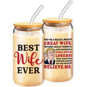 Birthday Gifts for Wife, Funny Glass Cups for Wife from Husband, 16 oz Glass Drinking Cup with Lids and Straws, Anniversary Retirement Valentines Day Gift for Wifey (Best)