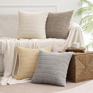 MIULEE Pack of 4 Neutral Decorative Throw Pillow Covers 18x18 Inch for Couch Sofa Living Room Bed Rustic Farmhouse Boho Corduroy Soft Striped Pillow Covers Home Decor