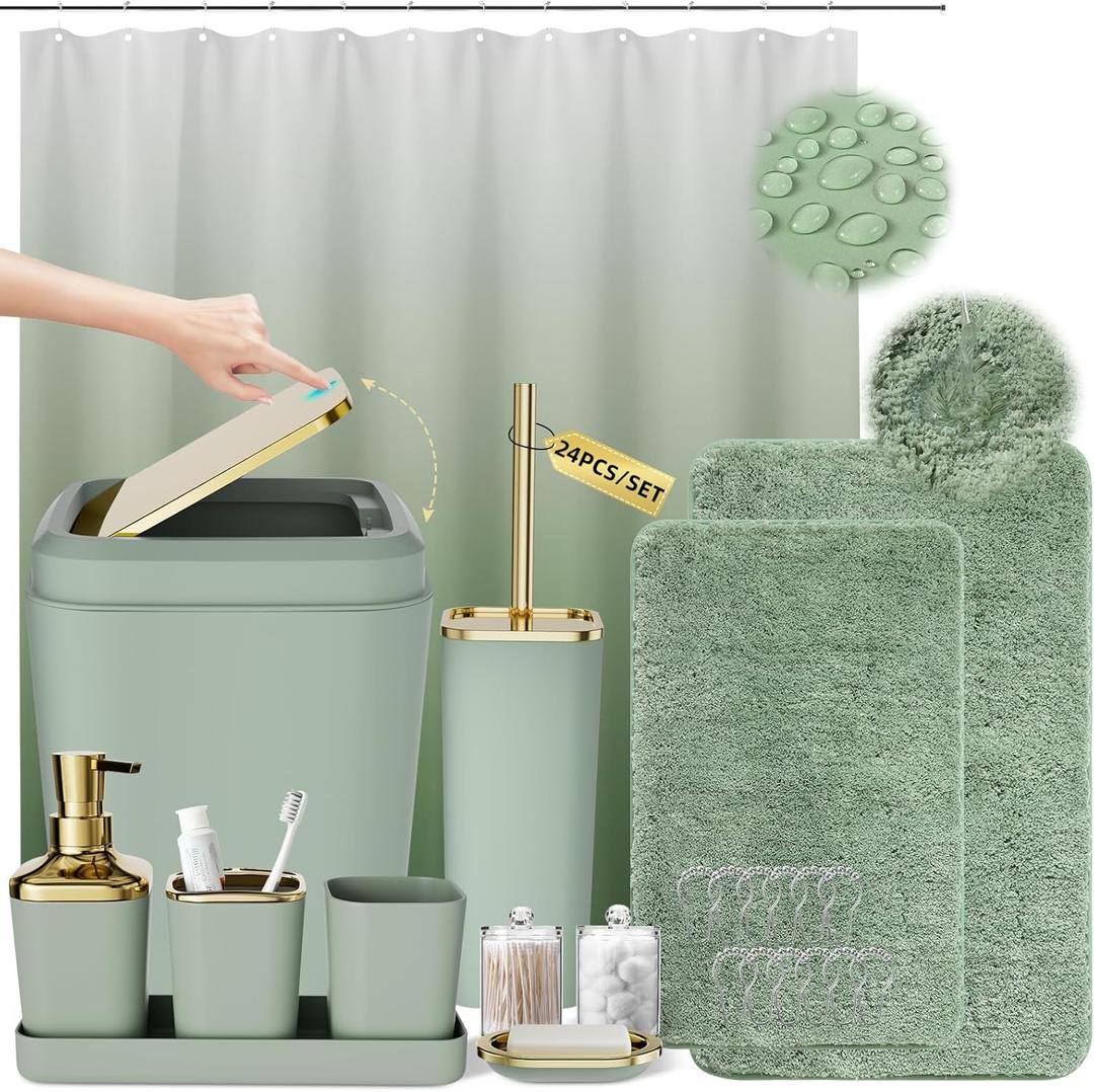 XLHOMO Sage Green Bathroom Set - 24PC Bathroom Sets with Shower Curtain and Rugs, Sage Green Bathroom Accessories Set with Press-on Lid Bathroom Trash Can, Soap Dispenser