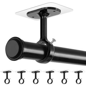 No Drill Curtain Rod Brackets, (6 Pack) Ceiling Mount Self Adhesive Rod Holder No Screw, Heavy Duty Curtain Hooks Hanging 1.2" Dia Curtain Rods for Bathroom Bedroom Kitchen (Black)