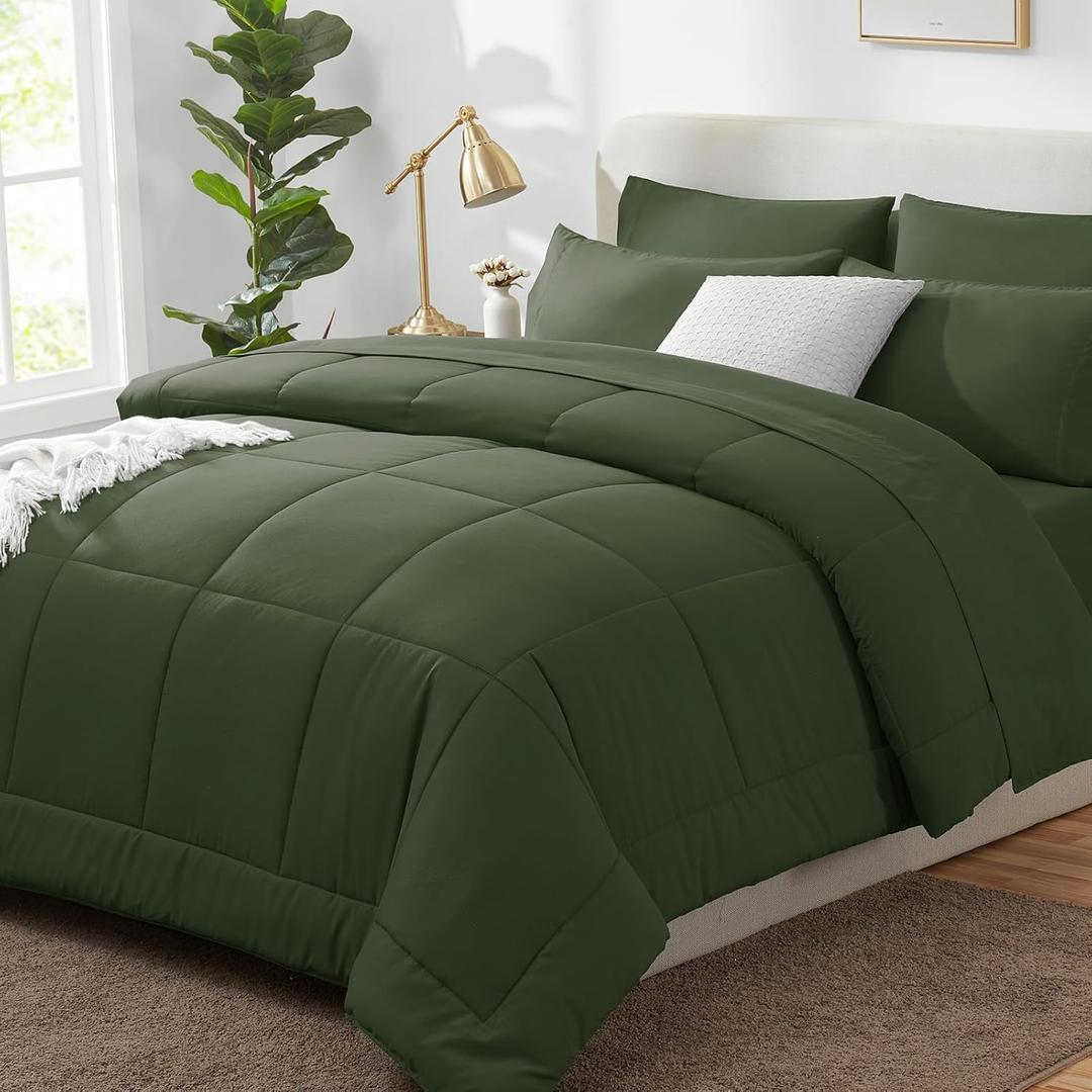 CozyLux Queen Comforter Set Olive Green, 7 Pieces Bed in a Bag, Olive Green Comforter Queen Size, All Season Bedding Sets with Stitch Quilted Comforter, Flat Sheet, Fitted Sheet, Pillowcases