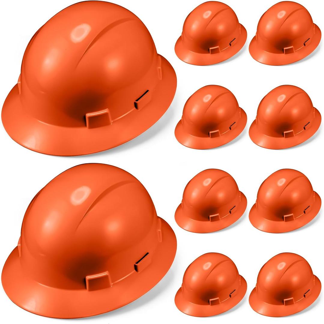 10 Pack Full Brim Hard Hat, White Construction Hard Hat, HDPE Safety Helmet with 6-Point Adjustable Ratchet Suspension for Men and Women