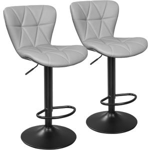 Bar Stools Set of 2, Adjustable Swivel Bar Chairs with Shell Back, PU Leather Counter Height Bar Stools for Kitchen lsland, Light Grey