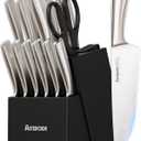 Astercook Knife Set Kitchen with Block and Sharpener Full Tang 15 Pcs Premium Stainless Steel Knives Dishwasher Safe Utensils Set with Ultra Sharp Blade and Anti-slip Ergonomic Handle, Elegant Black
