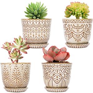 Gepege Succulent Pots, 4 Inch Small Indoor Ceramic Planter Pot with Drainage Holes and Saucers for Plants- Creamy White - Set of 4