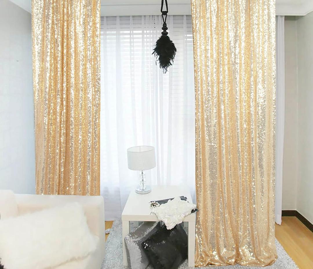 ShinyBeauty Sequin Curtains 2 Panels 4x10ft Light Gold Shimmer Fabric Window Wall Curtains Drapes Wedding Backdrop Gold Fabric Liner Glitter Curtain Drapes Photo Booth Christmas Party Backdrop