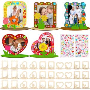 J6&H6 30 Pcs Mothers Day Crafts Wooden Flower Photo Frame DIY Craft Kit, Mothers Day Crafts Bulk with 5 Styles Colored Diamond Stickers for Class Activitie Handmade Gifts (Flower Photo Frame)