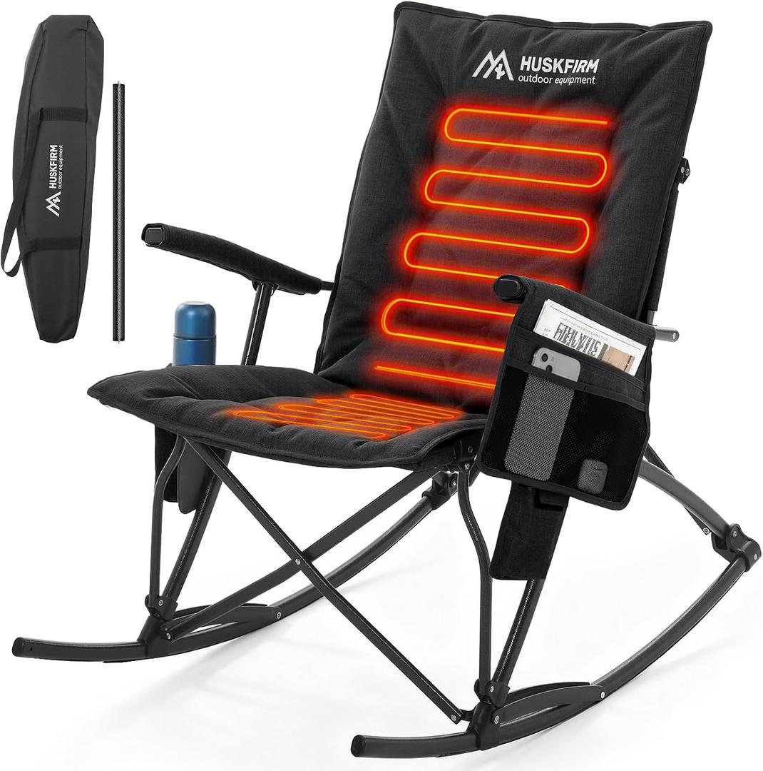 Heated Oversized Rocking Camping Chair Folding Heated Rocking Chair with High Back Padded Outdoor Rocking Chair Heavy Duty Rocker Chair for Camping, Lawn and Patio, Supports Up to 400 lbs,Black, 25 inches x 19.7 inches x 38.3 inches