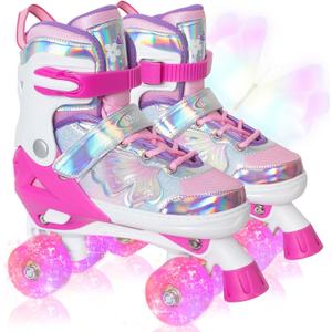 Nattork Kids Roller Skates for Girls Boys Kids, 4 Sizes Adjustable Quad Skates Butterfly and Flower with All Light up Wheels - Birthday Gift for Indoor Outdoor Sports (Medium(1-4US), Rose Red)