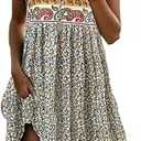 Womens Sundress 2025 Summer Boho Floral Short Sleeve Crewneck Elastic Waist Midi Dress Casual A-Line Flowy Knee Lenth Dress with Pocket White Size XXL