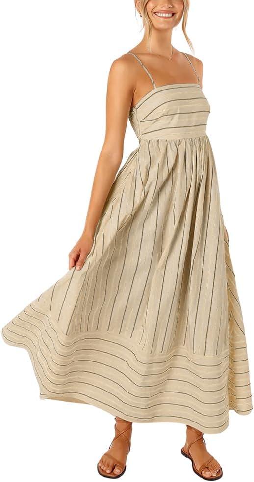 chouyatou Women's Striped Back Smocked Maxi Dress Sexy Spaghetti Strap Cut Out Flowy Swing Long Dress (Large, Apricot)