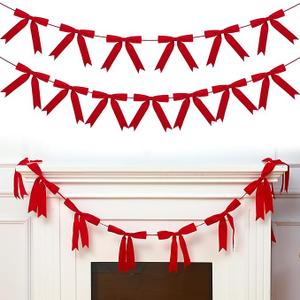 VitalCozy 10 ft Christmas Velvet Bow Garland PreStrung Bow Garland Banner with 13 Pcs 7 x 7 Inches Bows Reusable Vintage Velvet Bow Decoration for Xmas Tree Fireplace Staircase(Red)