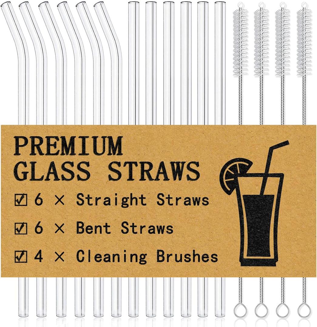 Piteno 16-Pack Reusable Glass Straws Set, Clear Glass Drinking Straws, 8.5''x10MM, Set of 6 Straight and 6 Bent with 4 Cleaning Brushes, Perfect for Smoothies, Milkshakes, Juice, Tea (8.5", Clear)