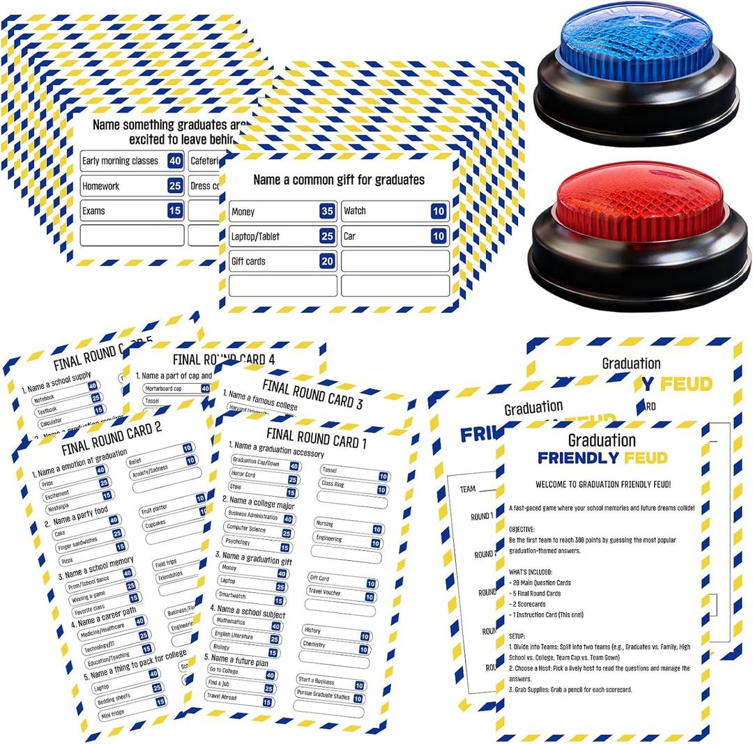 Graduation Party Friendly Feud Game with 2 Answer Buzzers, Team Building Feud Cards for Graduation Game Night Fun Trivia Quiz for Students Teachers Groups