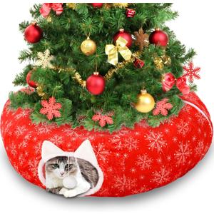 Soulchen Christmas Tree Cat Tunnel Bed 2.62ft x 2.62ft x 10.24inchs Christmas Trees Skirt for Cats Toy Circle Tunnel Xmas Green Red Pet Donut Toys with Washable Cushion for Kitten Felines