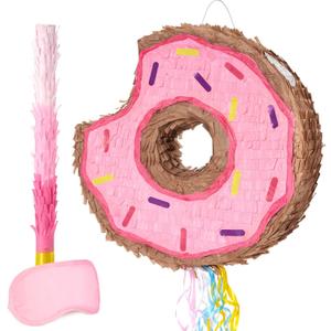 WERNNSAI Donut Piata - Pink Donut Piata with String Birthday Party Decorations Piata with Stick Blindfold for Girls Kids Dount Pull String Piata Family Games Birthday Party Supplies