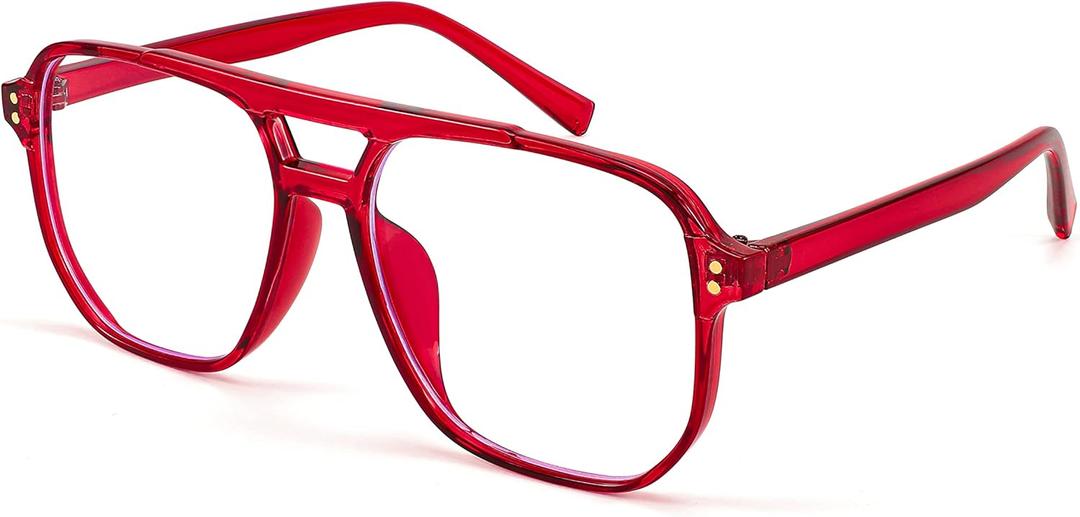 FEISEDY Blue Light Blocking Glasses Fake Nerd Clear Square Computer Lightweight Pilot Glasses Frame Oversized B2866 (Transparent Red Frame)