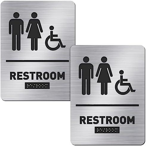 All Gender Bathroom Sign Unisex and Handicap Braille Restroom Sign by Ada Compliant Wheelchair Bathroom Sign Raised Icons Grade 2 Braille Modern Restroom Signs for Business (2 Pieces)