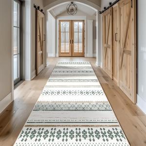 BESTSWEETIE 2x10 Area Rugs for Living Room Washable Moroccan Farmhouse Neutral Geometric Low Pile Non-Slip Soft Print Pattern Rug for Bedroom Kitchen Dining Room Entryway Green/Brown