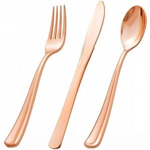 bUCLA 600PCS Rose Gold Plastic Silverware Set - Disposable Rose Gold Plastic Cutlery Include 200 Knives, 200 Forks, 200 Spoons for Party, Wedding & Mother’s Day