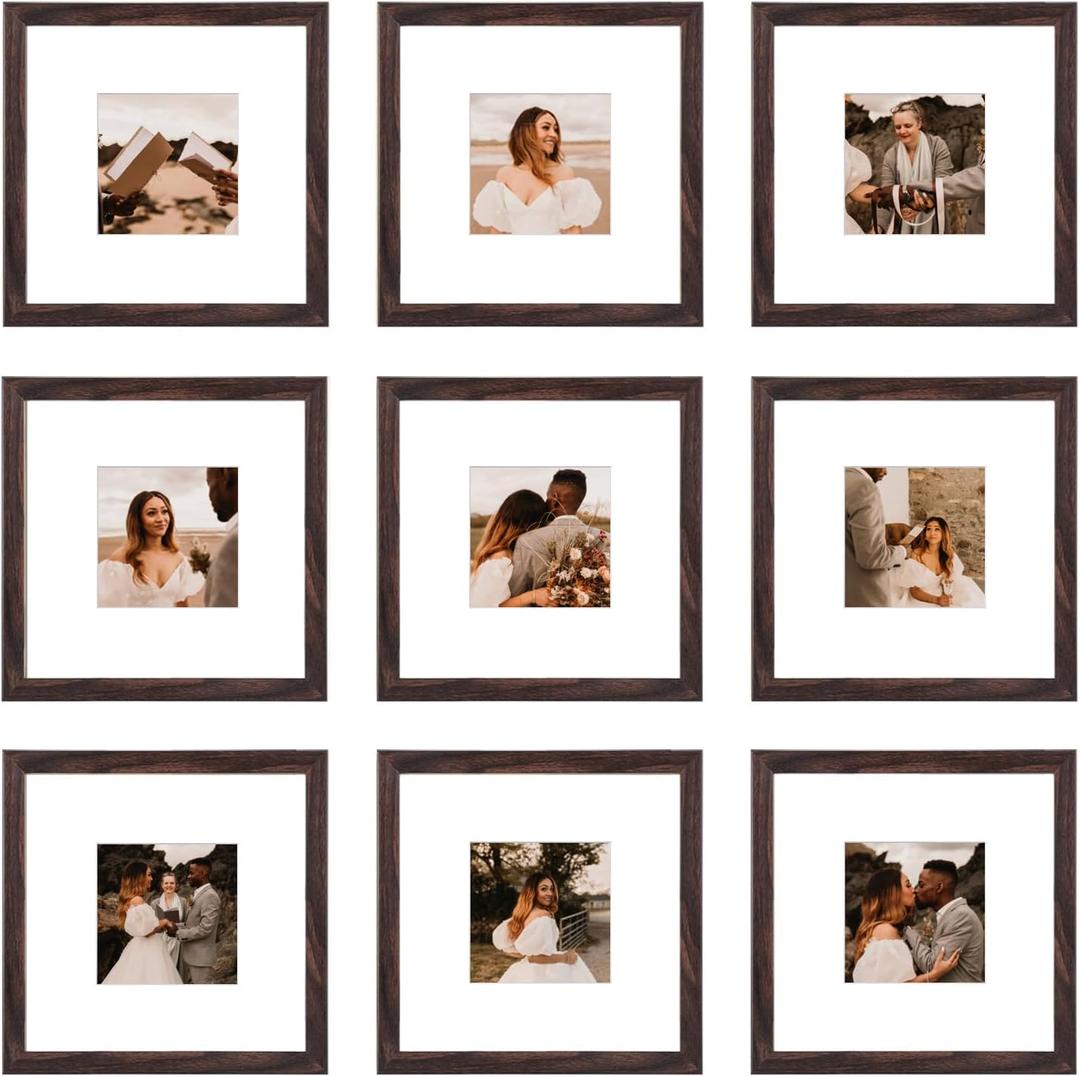 8x8 Picture Frame Set of 9, Display Pictures 4x4 with Mat or 8x8 without Mat, Multi Collage Gallery Square Photo Frames for Wall or Tabletop, Brown