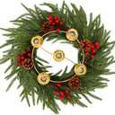 Sliner 15.7 in Christmas Advent Wreath 5 Candle Holder Norfolk Pine Needle Wreath with Gold Ring Candle Holder Pine Cones Red Berries Christmas Centerpiece Decoration for Home Church Winter Holidays