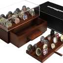Wooden Challenge Coin Display Case with Clear Cover - Medium Military Coin Display Case Holds 40 Coins on Top & 50 in the Storage Drawer - Versatile Coin Stand Holder & Poker Chip Display Case  Brown