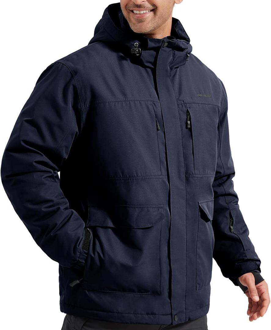 FREE SOLDIER Men's Waterproof Ski Jacket Fleece Lined Warm Winter Snow Coat with Hood Fully Taped Seams, Size S (Midnight Navy)