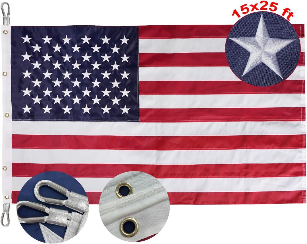 Bradford Large American Flag 15x25 ft Embroidered Stars USA US Flags Outdoor Heavy Duty Nylon Huge US Flags with 5 Brass Grommets