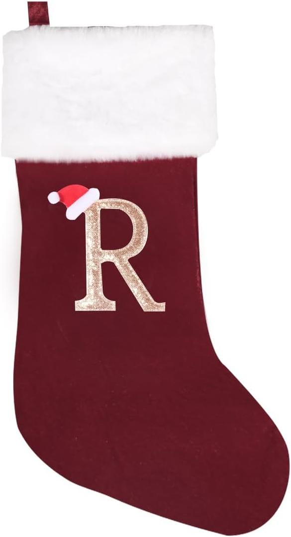 20 Inches Initial Monogram Christmas Stocking Personalized,Deluxe Black Velvet Body with Super Soft Plush Cuff Embroidered Letter,Holiday Season Decor (Wine Red, Letter R)