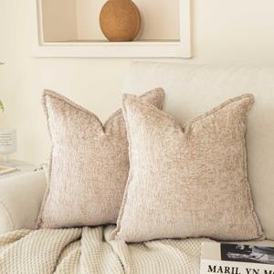 WACOMECO Neutral Chenille Throw Pillow Covers, Pack of 2 Soft Textured Accent Decorative Cushion Covers for Couch Sofa Bed Home Decoration,18x18 Inch, Beige