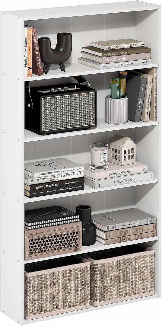 Furinno Basic Book Shelf, 5-Tier Bookshelf, Storage Organizer Bookcase with Open Shelf, 7 x 24 x 44, for Living Room, Bedroom, Home Office, White