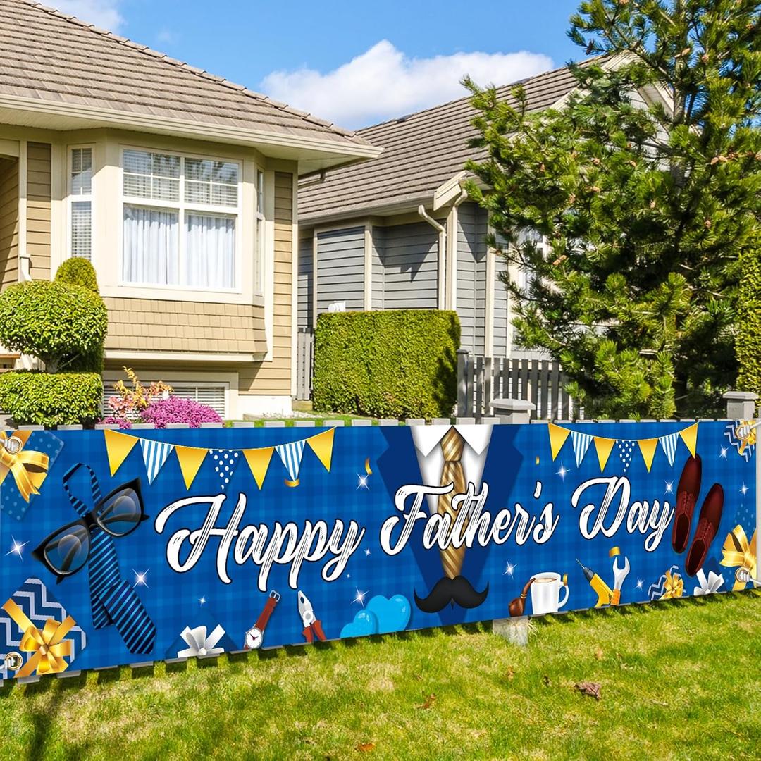 Happy Fathers Day Decorations- Happy Father Day Large Blue Necktie Banner Yard Sign for Family Celebrate Fathers Day Party Supplies (Banner)