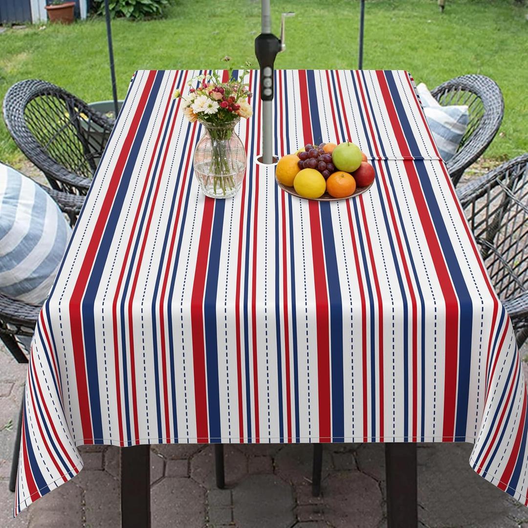 Outdoor Tablecloth with Umbrella Hole and Zipper, 4th of July Tablecloth Red and Blue Patriotic Table Cloth, Rectangle 60102 Inch Waterproof Fade Resistant for Memorial Day Independence Day