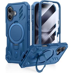 FNTCASE for iPhone 16 Phone Case: Magnetic Phone Cases with [Ring Kickstand] [Built-in Screen Protector] [Heavy Duty Military Grade Protection] Shockproof Rugged Protective Cell Phone Cover Blue
