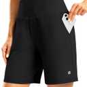 Women's Athletic Shorts with Zipper Pocket 7" High Waisted Stretchy Bermuda Shorts for Women Workout Running Casual (Black, M)