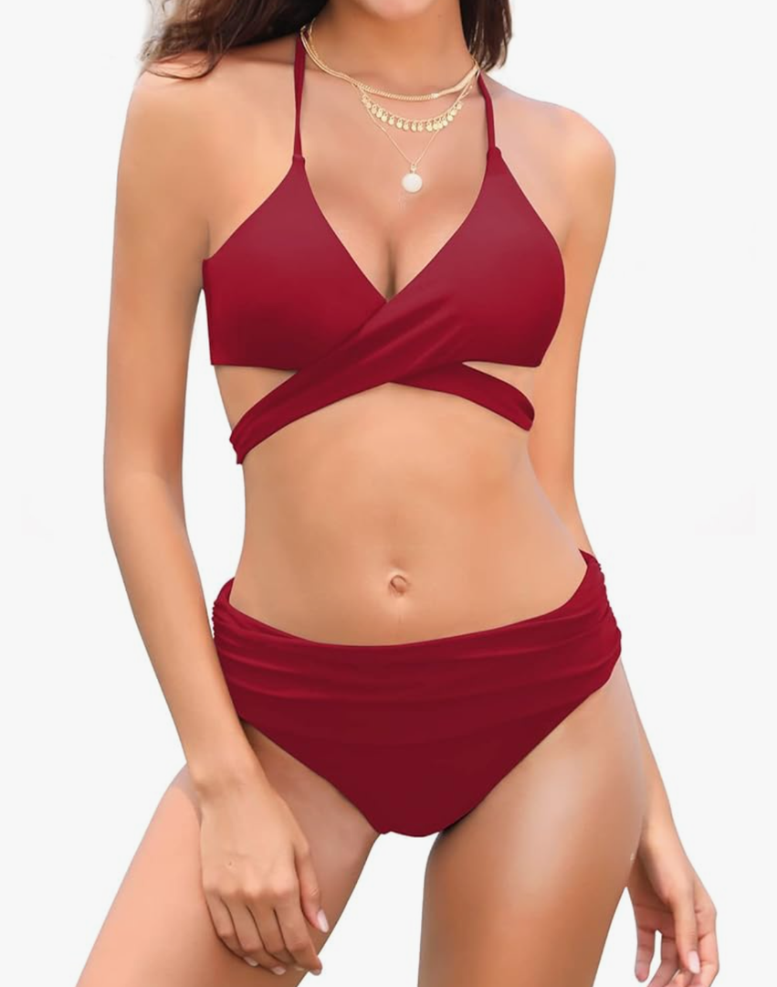 SHEKINI Women's Push Up Halter Bandage Two Peice Swinsuits Tie Side Bikini with Ruched Swim Bottoms, XS