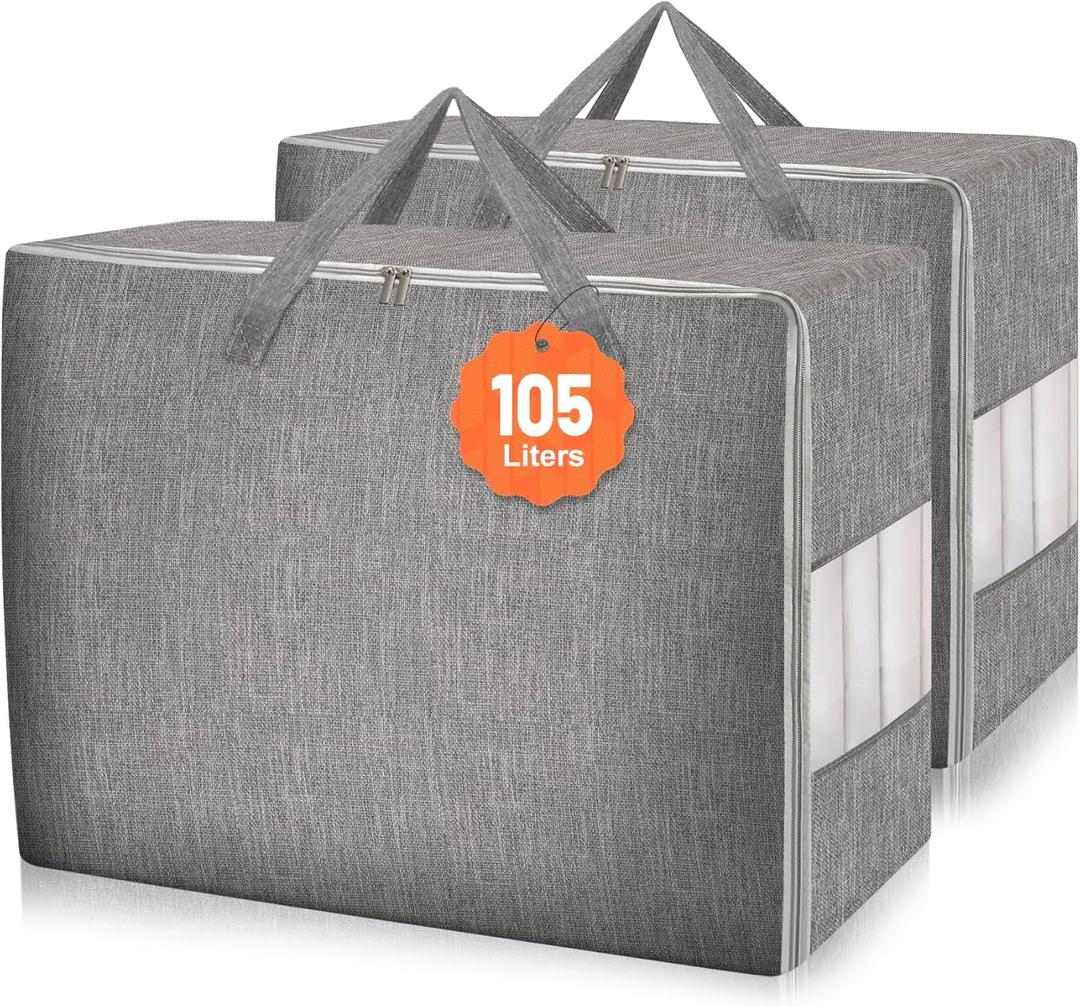 2 Pack 105L Comforter Storage Bags, Extra Large Bedding Storage Bags with Clear Window, Reinforced Handles & Zippers, Foldable Closet Organizers for Blanket Pillow Clothes