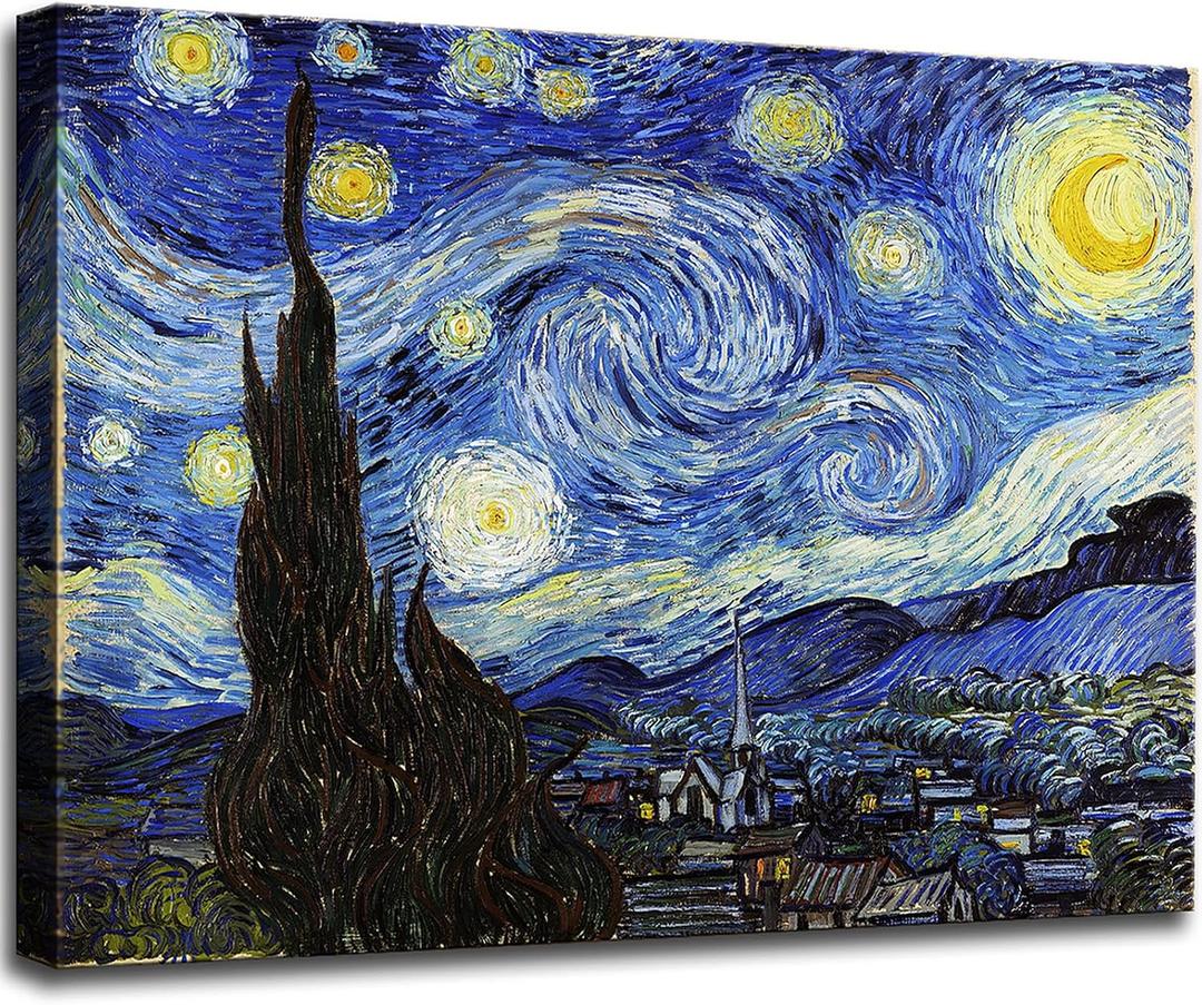 Starry Night, Vincent Van Gogh Canvas Wall art, Classic Paintings Framed Pictures Poster, Abstract Artwork Prints for Home Decor 16"x24"