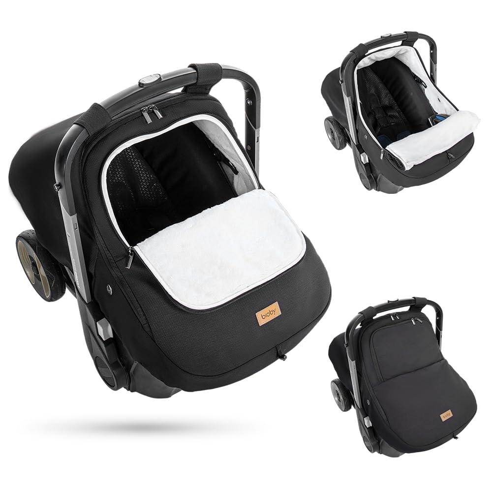 Bioby Winter Baby Car Seat Cover, Infant Car Seat Cover for Boy Girl, Roomy, Cozy, Warm, Waterproof Baby Carseat Covers Canopy with Thickened Fleece Lining, Breathable Hole, Universal Fitted Black