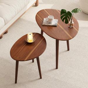 Small Oval Coffee Tables Set,Acacia Wood Nesting Tables25.6"x17.7"+17.7"x13.4" for Living Room Small Spaces Office,Easy Assembly Wooden Minimalist Walnut Mid Century Modern Coffee Table, Medium