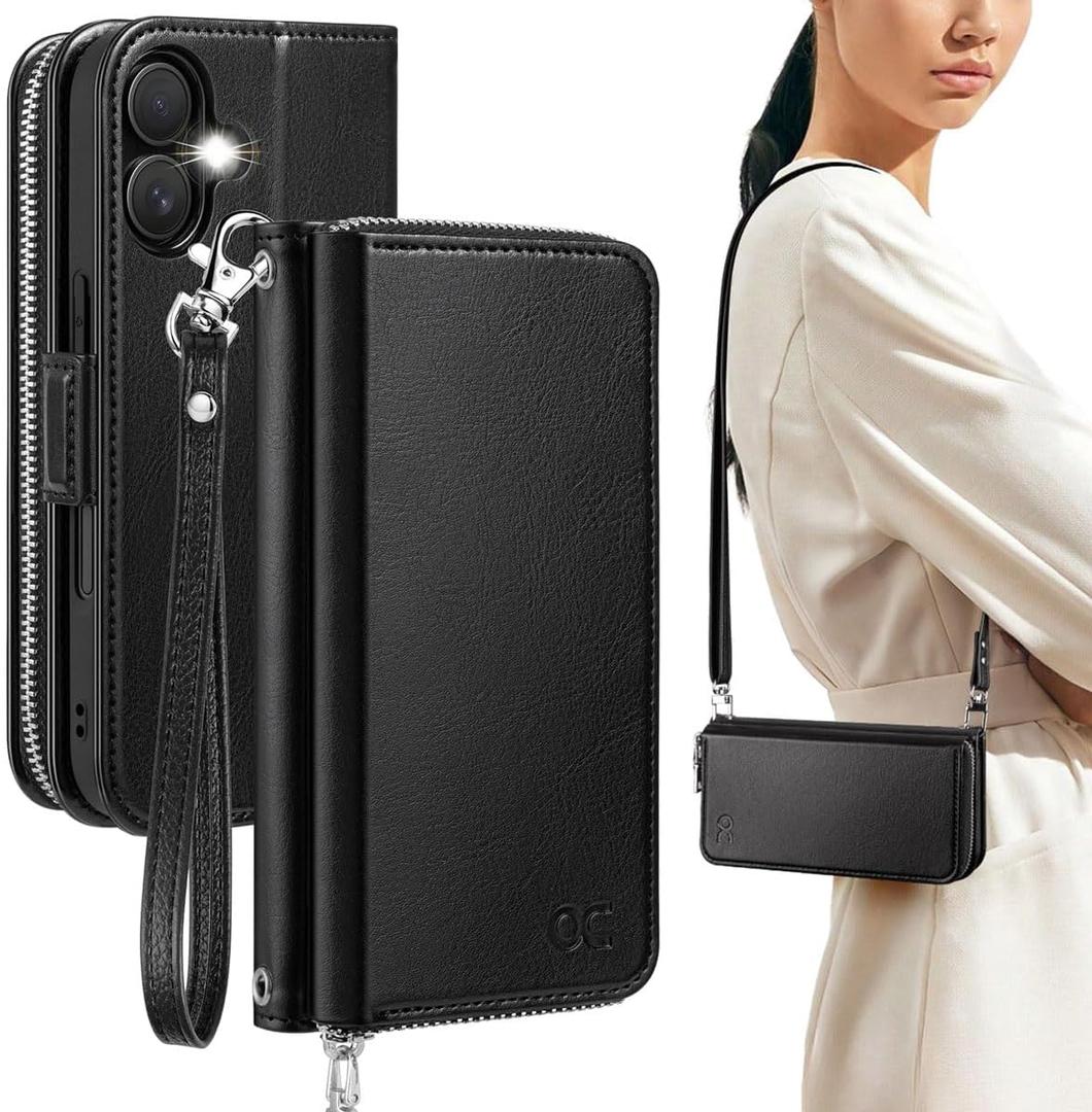 OCASE for iPhone 17 Crossbody Wallet Case - Stylish PU Leather Handbag Phone Purse with Zipper Closure, Card Slots & RFID Blocking - Wrist Strap, Lanyard, Kickstand - Black