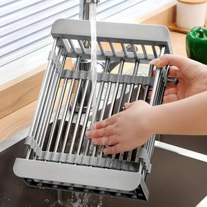 Adjustable Dish Drying Rack with Stainless Steel Drain Basket Over-The-Sink - Portable & Telescopic Space-Saving Solution for Fruit Vegetable