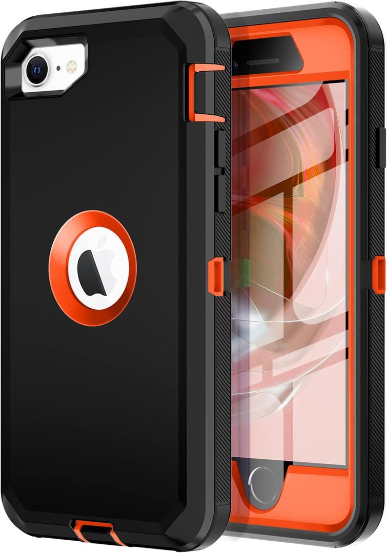 I-HONVA for iPhone SE 2022/2020 Case Built-in Screen Protector Shockproof Dust/Drop Proof 3 in 1 Full Body Rugged Heavy Duty Cover for Apple iPhone SE 3rd/2nd Gen 4.7, Black/Orange