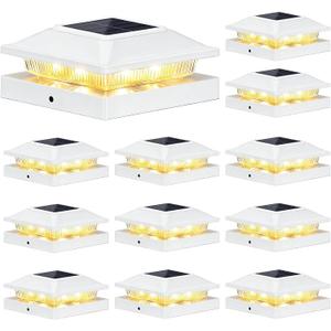 Brightever 4x4 3.5x3.5 Solar Post Cap Lights Outdoor 12-Pack, Solar Fence Post Lights Fit Vinyl/Wood Posts, 2 Modes(Warm/Cool White), Solar Powered Waterproof Deck Post Lights for Patio Porch, White