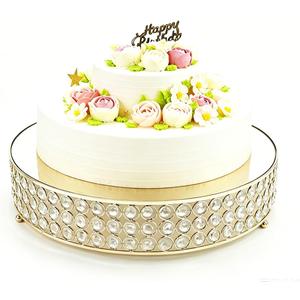 Metal Cake Stand with Mirror Top Plate Beaded Crystal Display Cake Pedestal,Baking Party Supplies Centerpiece,Gold 16 Inch